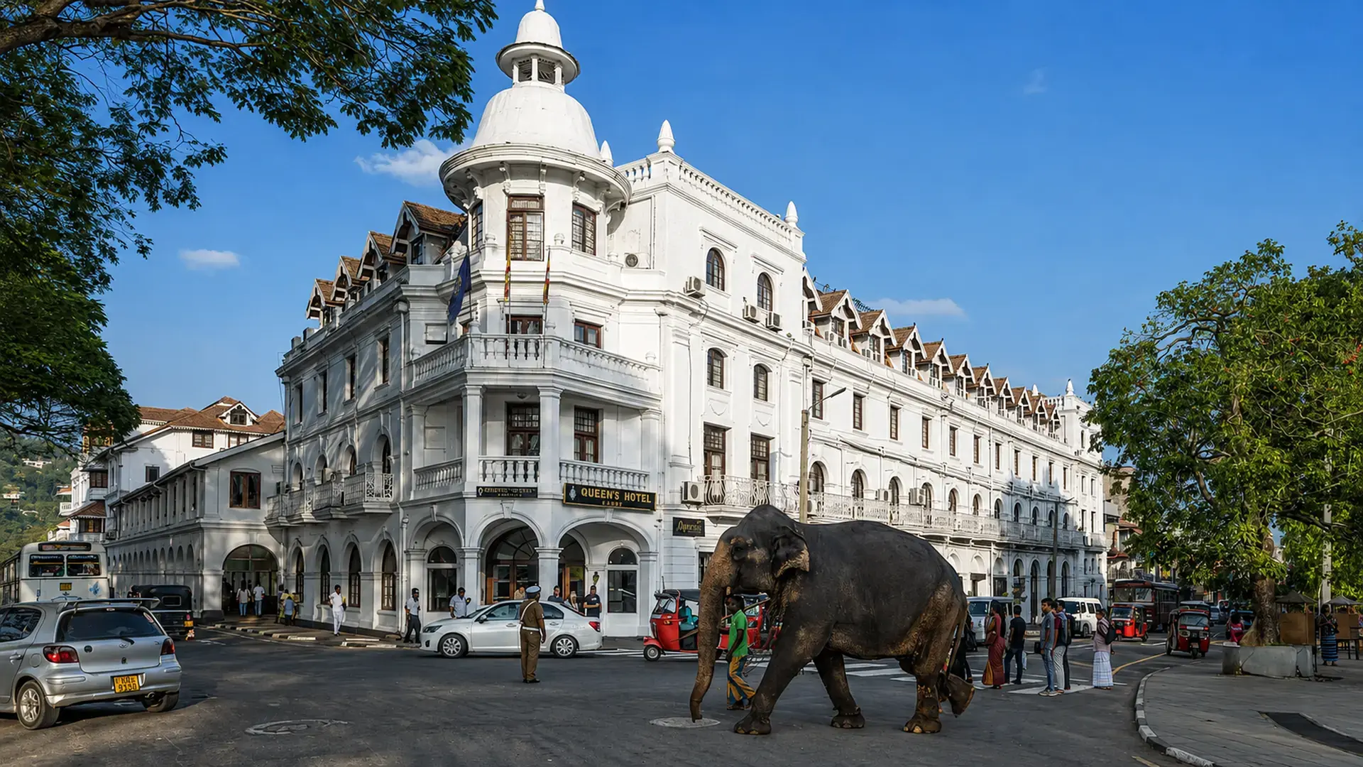 Historic Queen's Hotel and street life in Kandy, Sri Lanka